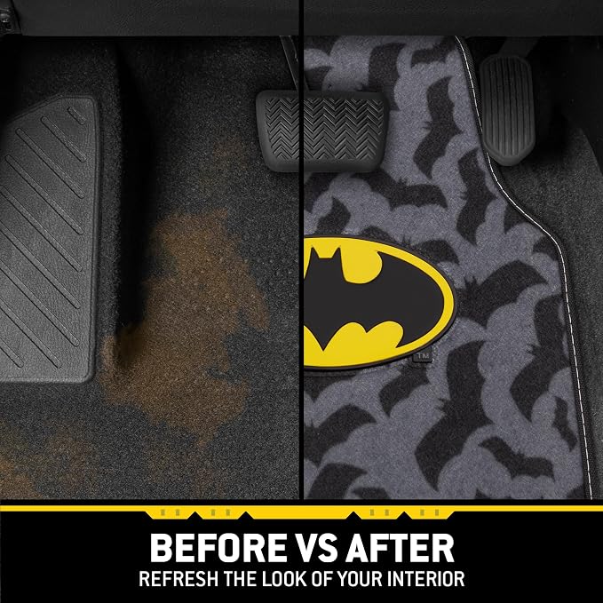 Batman Carpet Car Floor Mats, DC Comics Design, for Car, Truck, SUV - Comfortable, No Slip Nib Backing, Unique Full Print, Protects Car Floor