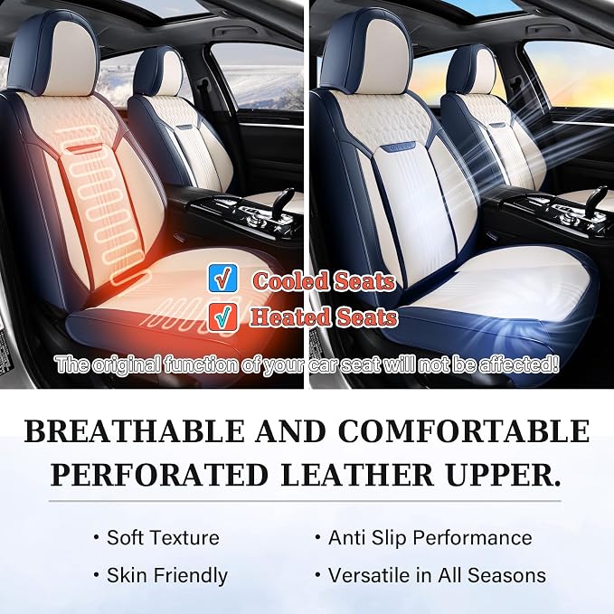 Coverado Front Seat Covers, Car Seat Covers Front Seats, Leather Seat Cover for Cars, Waterproof Seat Covers, Car Seat Protector, Driver Seat Cover Car Seat Cushion Universal for Most Cars, Blue&White