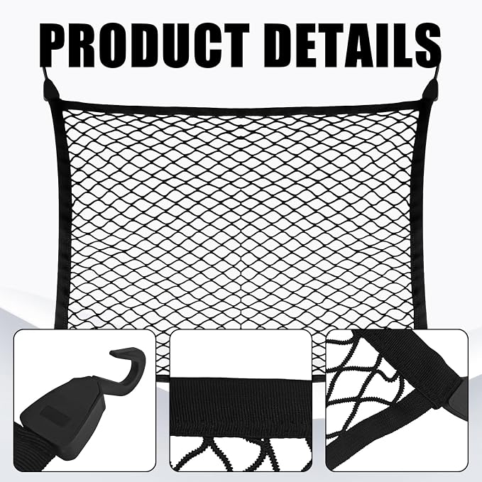 Elastic Cargo Net for SUV Trucks, Ceiling Cargo Net, Adjustable Trunk Mesh Net Organizer 32" X 24" Stretch to 63"X43" with Hooks, Universal Car Rear Trunk Bed Netting Storage Accessories（Black）