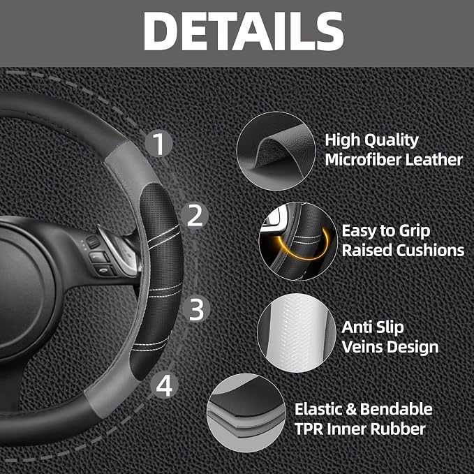 NBTEPEM 10 Pcs Car Floor Mats Full Set & Sport Leather Steering Wheel Cover 14.5-15 inch, Center Console Cover, Seat Belt Cushion, Cup Holder Coaster, Universal Automobile Interior Sets (Grey)