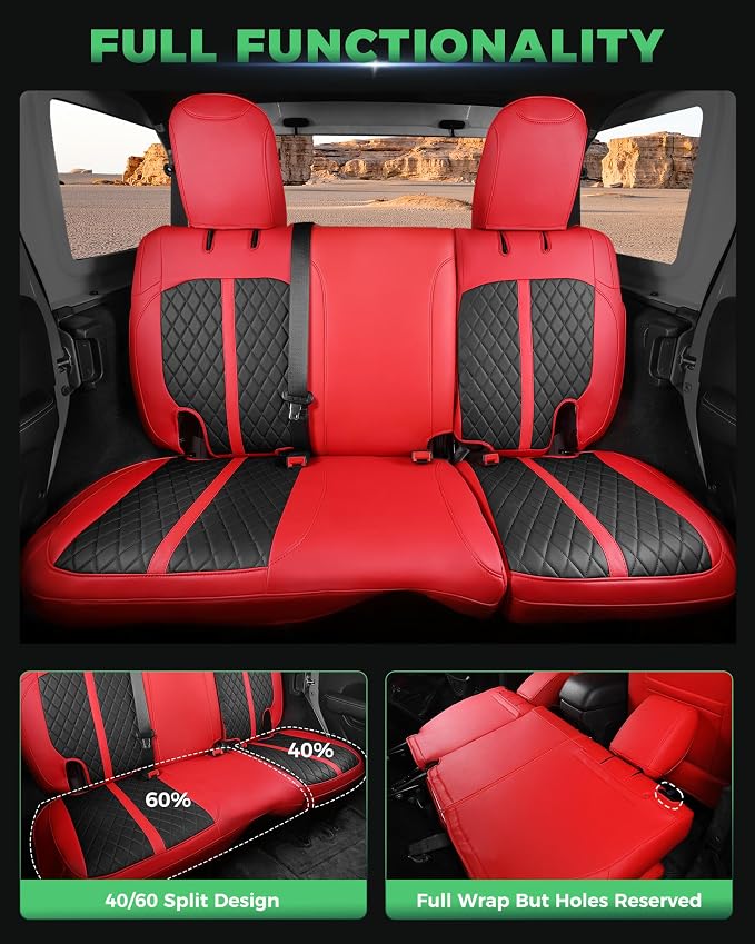for Jeep Wrangler Seat Covers 4Door JK 2013 2014 2015 2016 2017, Custom Fit Car Seat Cover Full Set, Luxury Leather Seat Protectors, Waterproof SUV Interior Cushions Accessories, Red Black