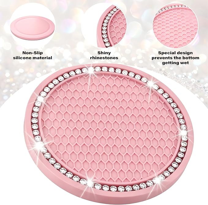 BFXM 2 PCS Bling Cup Holder Coasters for Car, 2.75 inch Diamond Universal Non-Slip Pink Silicone Cup Holder Coasters, Sparkly Bling Car Accessories for Women(White Diamond)