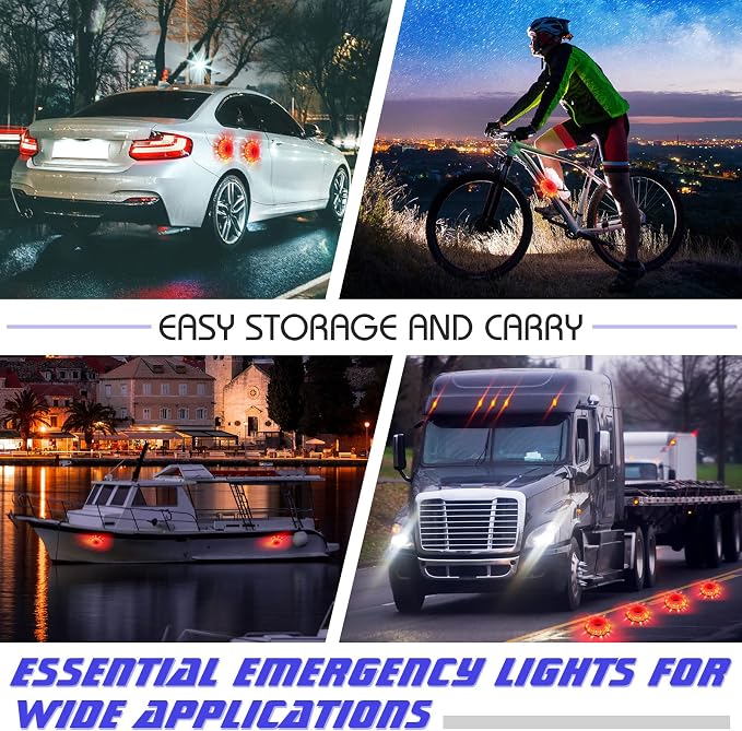 Frienda 24 Pieces LED Roadside Safety Flares Emergency Flare Lights Flashing Warning Lights Bulk Roadside Safety Beacon Disc Pack with Magnetic Base and Hook for Car Truck Vehicles Boat