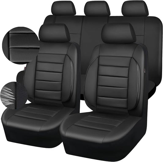 CAR PASS Leather Seat Covers Full Set Universal Water Resistant 3D Foam Back Support, Luxury Comfort Automotive 5 Seat Covers All Season Fit for SUV,Sedan,Van, Airbag Compatible Elegance(Pure Black)