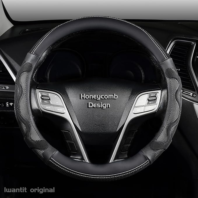 Iwantit® Steering Wheel Cover with 3D Honeycomb Anti-Slip Design and Breathable Fabrics, Universal 14.5-15 Inch (White/Black)