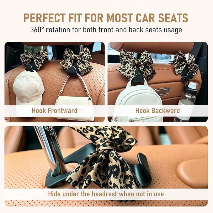 Bow Car Hooks for Purses and Bags, 2 Pack Cute Car Purse Hook, Universal Car Seat Headrest Hooks Bag Holder, Bow Car Accessories, Automotive Purse Hook Hanger Interior Decoration Accessories (Leopard)
