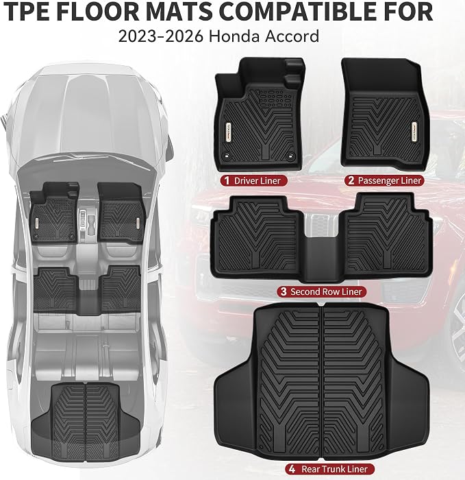 YITAMOTOR Floor Mats & Trunk Mat Fit for Honda Accord 2026 2025 2024 2023 (Gasoline & Hybrid), All Weather TPE Floor Liner Custom Fit for Accord Accessories, 1st, 2nd Row and Cargo Liners, Black