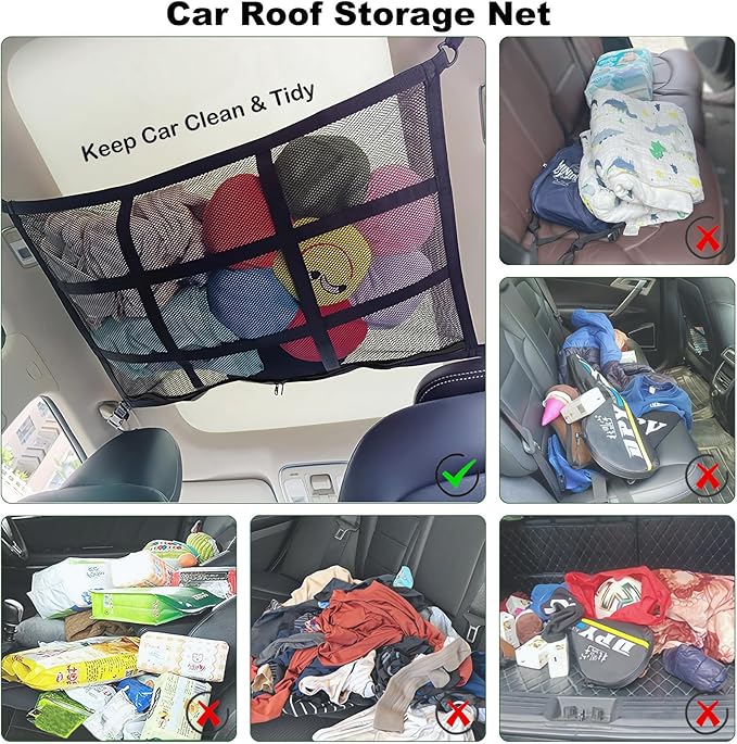 Car Ceiling Cargo Net for SUV,Car Ceiling Storage,Load Capacity Automotive Cargo nets Interior Accessories for Van,Double-Layer Mesh Automotive Roof Camping Essentials (30.7"x20.8")