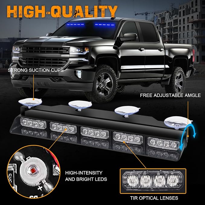 XRIDONSEN 2x 17 inch Blue Emergency Lights 40 LED Dash Strobe Lights | Interior Front/Rear Safety Flashing Warning Hazard Windshield Light Bar for Vehicles Trucks Car