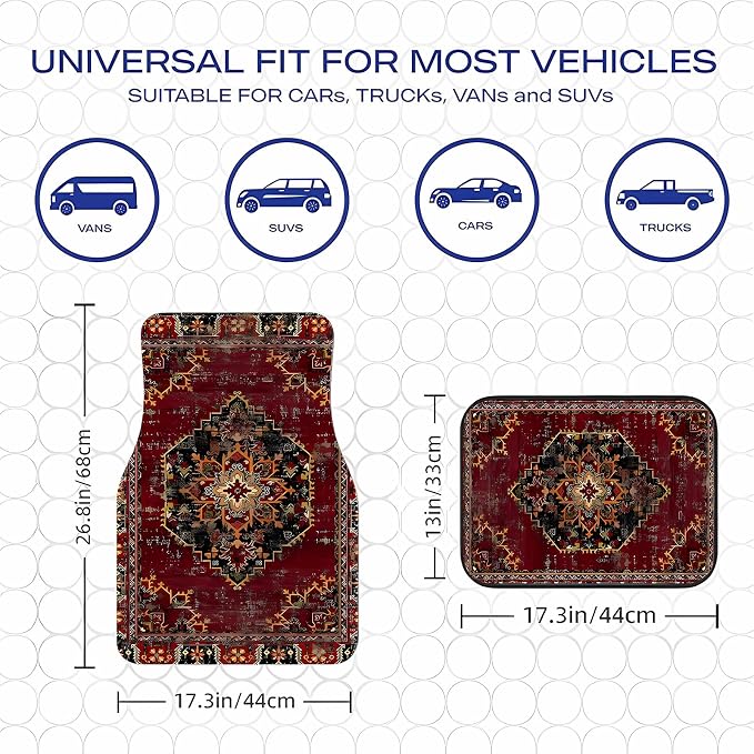 Universal Fit Car Floor Mats Set of 4Pcs,Bohemian Retro Yellow and Red All-Weather Front Rear Car Carpet Mats, Non-Slip Car Floor Mat Car Accessories for Automotive Trucks SUV Sedans Vans