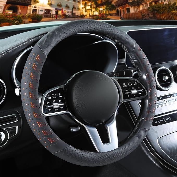 3D Slim Soft 14 inch Leather Steering Wheel Cover Black with Orange | Breathable Anti-Slip Premium Skin-Feel Perforated Thin Nappa Leather, Small 13.5 inch to 14 inch