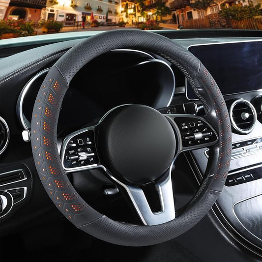 3D Slim Soft 14 inch Leather Steering Wheel Cover Black with Orange | Breathable Anti-Slip Premium Skin-Feel Perforated Thin Nappa Leather, Small 13.5 inch to 14 inch