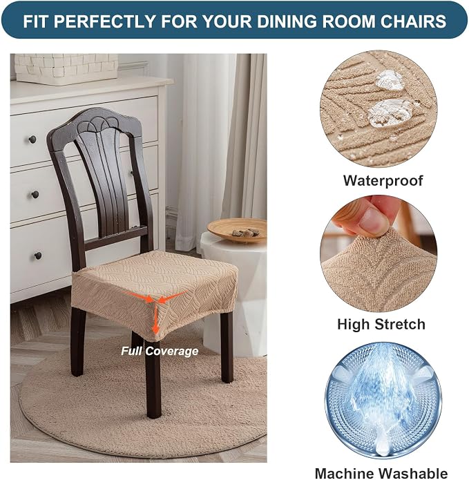 Removable Washable Dining Chair Seat Covers Set of 6,Stretch Jacquard Chair Seat Cushion Protector Slipcovers, Rear Covers