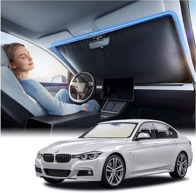 Nmoiss Ice Silk Air-Cooled Car Windshield Sun Shade, [Enjoy Superior Coolness & Comfort] 84.2% Heat Insulation UPF>50 UV Block, Interior Protection, Universal Fit for Car SUV Accessories, Small