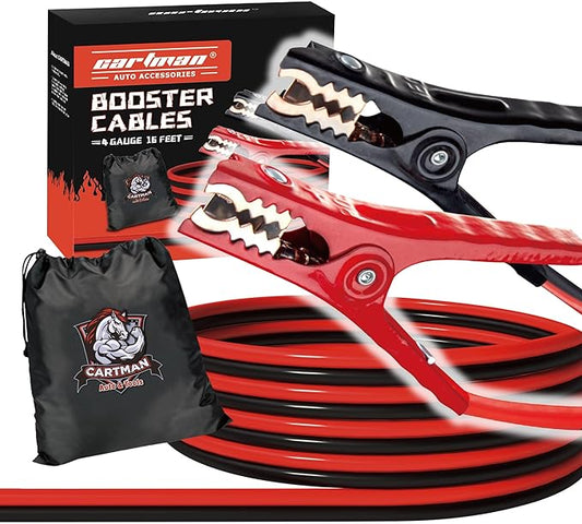 Cartman 4 Gauge 16 ft Heavy Duty Jumper Cables with Carry Bag | Rubber-Insulated Anti-Rust Clamps, High-Density CCA Core, Cold-Resistant TPR Jacket