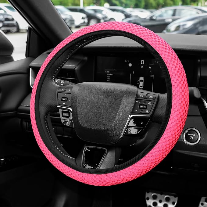 Elastic Stretch Steering Wheel Cover, Steering Wheel Protector, 15 Inch Anti-Slip Breathable Microfiber Ice Silk Protection, Easy Carry, Warm in Winter & Cool in Summer for Cars (Rose Red)