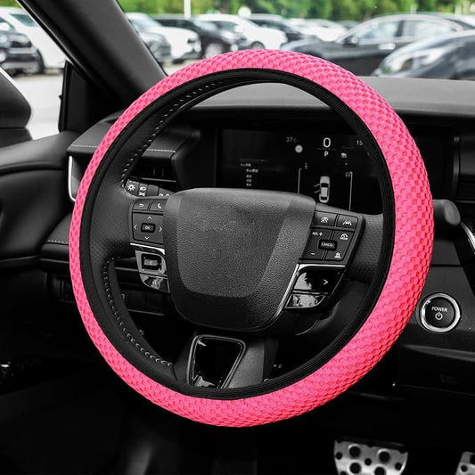 Elastic Stretch Steering Wheel Cover, Steering Wheel Protector, 15 Inch Anti-Slip Breathable Microfiber Ice Silk Protection, Easy Carry, Warm in Winter & Cool in Summer for Cars (Rose Red)