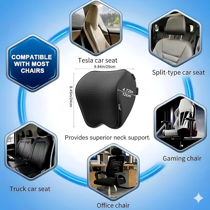 Crofy 2-Pack Car Neck Pillow, Headrest Pillow with Adjustable Strap, Black | Soft Memory Foam; Ergonomic Design Fits Most Car & Office Chairs; Breathable Removable Pillow Cover Is Machine Washable