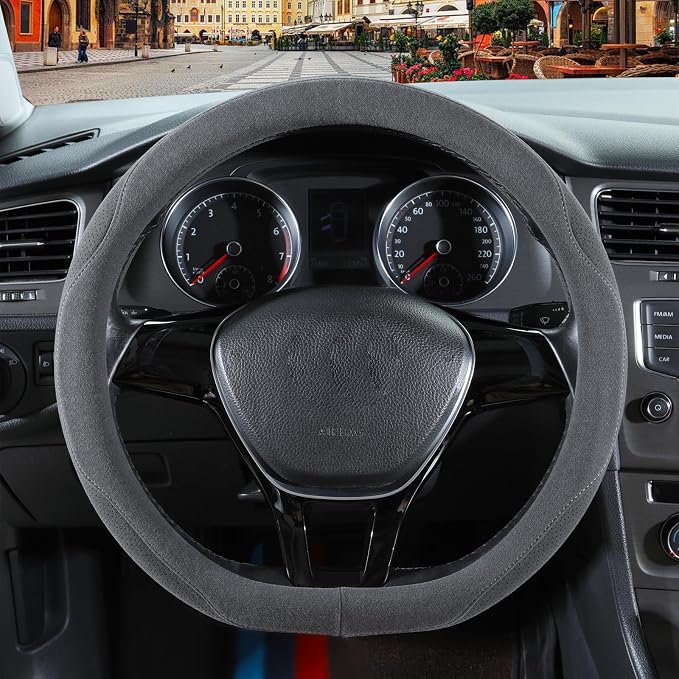 Gray Suede D Shaped Steering Wheel Cover 14.5 inch to 15 inch | Warm in Winter and Cool in Summer, Universal Felt Car Accessories, Breathable Non-Slip Sweat-Proof Wear-Resistant