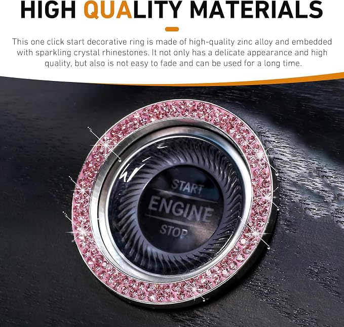WZP 2PCS Bling Push to Start Button Cover, Pink | Crystal Rhinestone, Engine Start Button Cover, Sparkling Car Interior Accessories, For Women