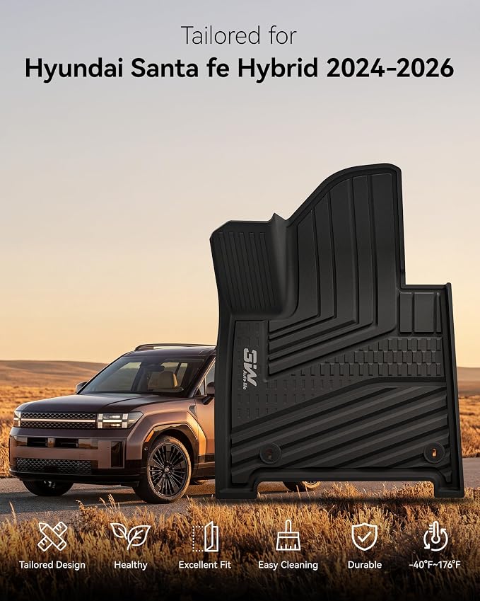 3W Floor Mats & Cargo Liner Fit for Hyundai Santa Fe 2024-2026(only for Hybrid), Full Set Floor Liner TPE All Weather Heavy Duty Car Accessories, Anti-Slip