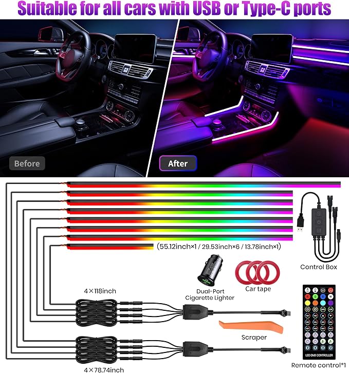 KENANEK 246’’ Acrylic Car Ambient Lighting – Multi-Color 8 LED Light Strips with App, Remote & Control Box, Music-Sync, Dual USB Car Charger, Universal Fit for Cars, SUVs, Trucks (Colorful-0801)