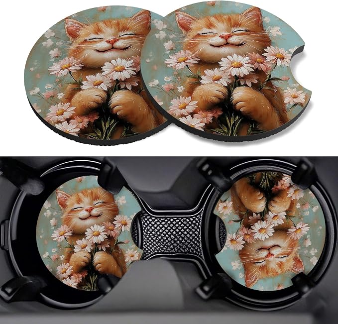 Car Cup Coasters,2 Pack Car Coaster,2.75inch Anti Slip and Absorbent Cars Coasters for Cup Holders,Neopren Accessories for Women,Cute Decor for Women (Smile Cat)