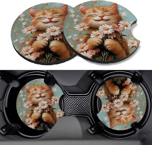 Car Cup Coasters,2 Pack Car Coaster,2.75inch Anti Slip and Absorbent Cars Coasters for Cup Holders,Neopren Accessories for Women,Cute Decor for Women (Smile Cat)