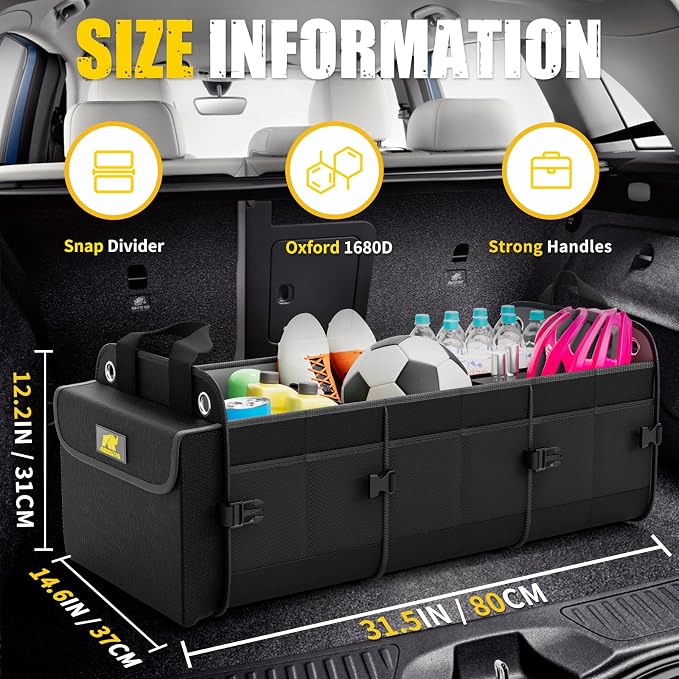 MIKKUPPA Car Trunk Organizer with Cooler, 100L, Premium Material, Black | Collapsible Heavy Duty Large Car Organizer, Sturdy Trunk Storage for SUV with Adjustable Straps and Non Slip Bottom