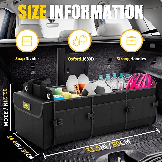 MIKKUPPA Car Trunk Organizer for SUV, 100L, Premium Material, Black | Collapsible Heavy Duty Large Car Organizer, Sturdy Trunk Storage for Car with Adjustable Straps and Non Slip Bottom
