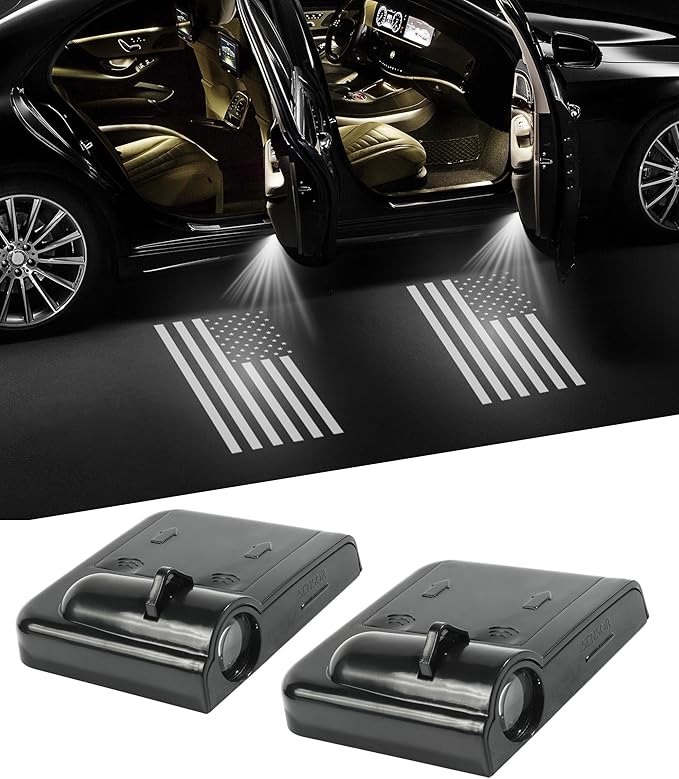 bylikeho 2Pcs Car Door Lights,Door Lights Logo Projector,Car Accessories HD Car Welcome Light,Door Sill Lights Wireless LED Door Paste Courtesy Light,Car Door Lights Logo (White American Flag)