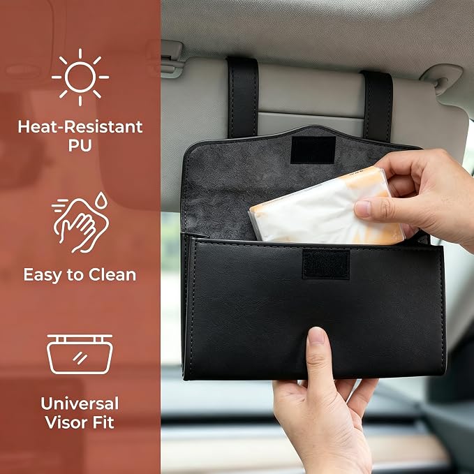 Car Tissue Holder, Visor Tissue Box for Car SUV Truck, Sun Visor Napkin Holder with Metal Clip, PU Leather Auto Interior Accessories (Black)