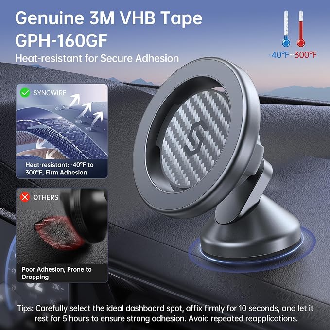 SYNCWIRE for MagSafe Car Mount - Magnetic Phone Holder for Car Dash,360° Rotation Strong Magnets Car Phone Holder Compatible iPhone 17 16 15 14 13, MagSafe Car Accessories, Titanium Silver