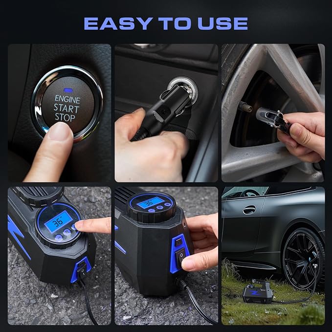 FADAKWALT Tire Inflator Portable Air Compressor, 12V DC Car Air Pump with Auto Shutoff, 150 PSI Digital Gauge, LED Light, Metal Valve Connector, Accessories for Cars, Blue