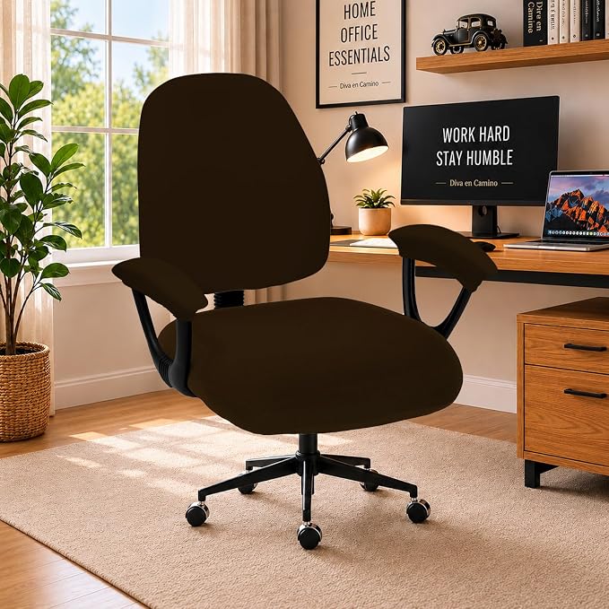 DIVA EN CAMINO DEC Office Chair Covers - Universal Stretch Computer Chair Slipcover - 180GSM Washable Rotating Backrest Coverings & Cushion Protectors & Armrest Covers for Dogs, Cats, Pets, Brown