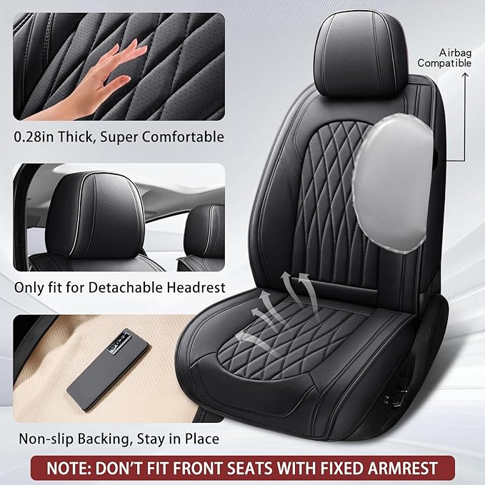 WELLDO Nappa Faux Leather Car Seat Covers Full Set, Black | Waterproof, Non-Slip Seat Protector, 0.28in Thickened Cushion, Airbag Compatible, Universal for Cars SUV Truck Pickup