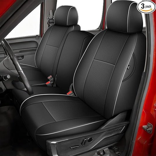 AOMSAZTO Truck Seat Covers for Chevy Silverado/GMC Sierra 1500 (2007-2013) 2500HD/3500HD (2007-2014) - Black with White Trim Faux Leather Car Seat Cover Full Set(Rear 40/60 Split for Crew Cab)