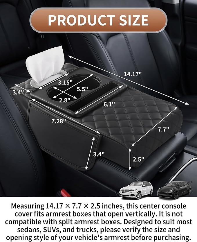 5-in-1 Car Center Console Cover Armrest Cushion with Cup Holder | 14.17x7.7x2.5" memory foam armrest cushion with tissue box & side storage pocket PVC leather protects console from pet claws