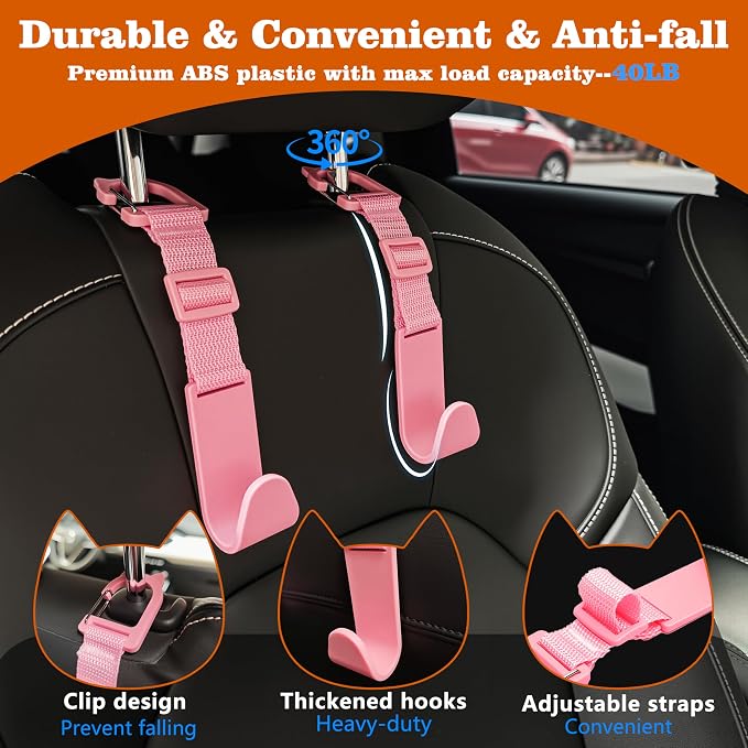 Amooca Car Headrest Hooks 4 Pack Adjustable Universal Fit Auto Seat Back Organizer Storage Hanger Purse Bags Holder with Clip Pink