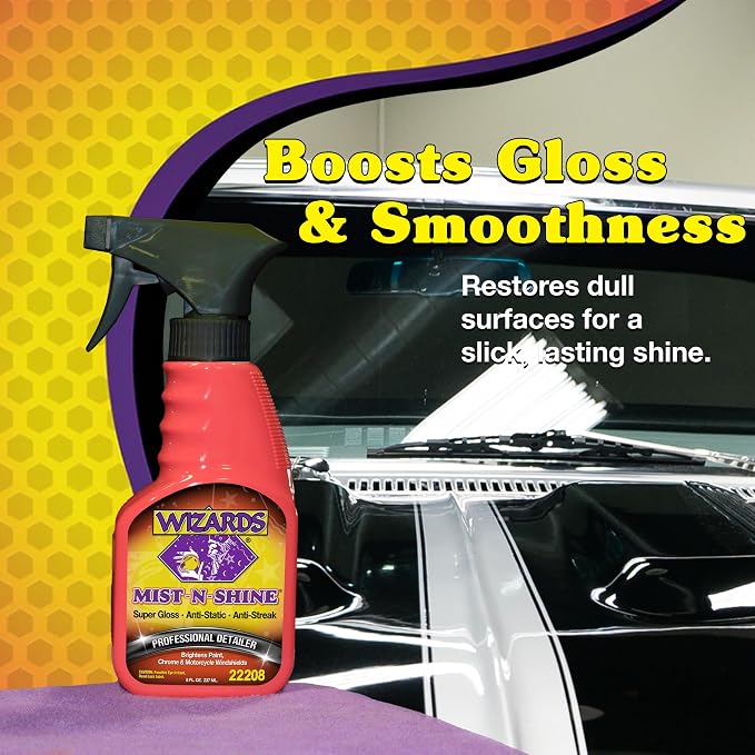 Wizards Mist-N-Shine Quick Detailer Spray - Waterless Wash - 8 oz | Anti-Static Formula for Paint, Chrome, Glass, Plastic, and Rubber Trim, Wax-Free, No Petroleum Solvents, Cars, Bikes, Boats