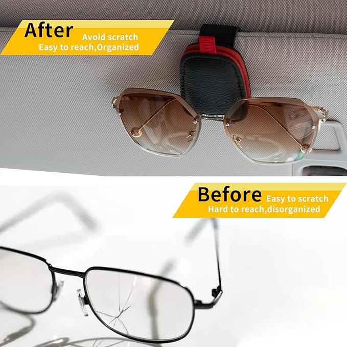Yuoyar Magnetic Leather Sunglasses Holder for Car, 2 Packs (Black-red) | Magnetic Car Visor Accessories