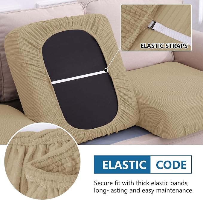 hyha Waterproof Couch Cushion Covers, Sectional Sofa Cushion Slipcovers L Shape, Thick Stretch Jacquard Fabric, Washable Chaise Lounge Cover with Elastic Bottom (1 Piece for Chaise, Sand)