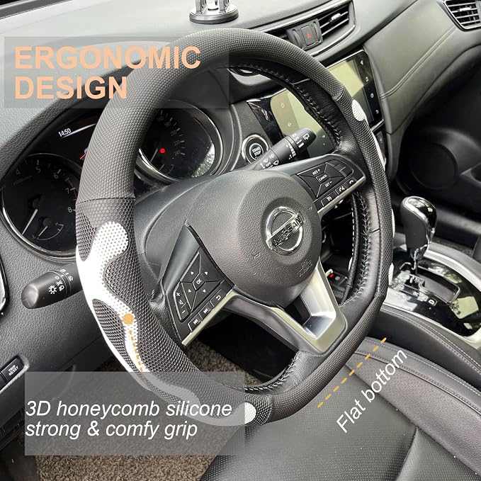 PINCTROT D Shaped Comfy Grip Steering Wheel Cover, Anti-Slip Design, Flat Bottom 14.5-15 Inch(Silicone White)