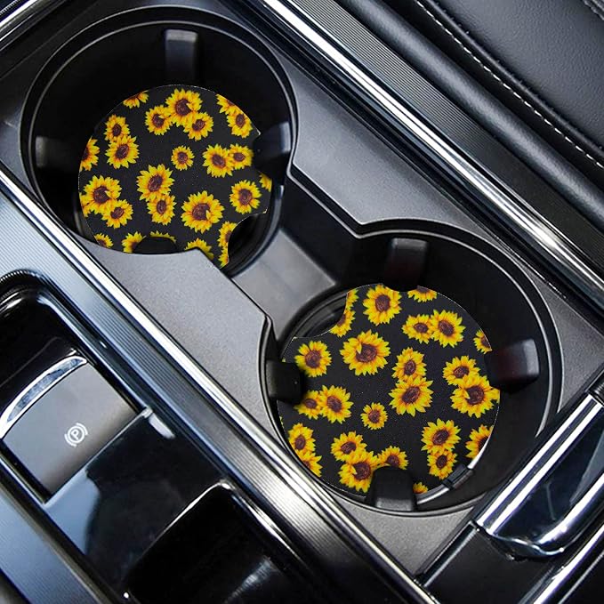 WOCOCN Car Coasters,Cup Holder Coasters for Car,2.75inch Anti Slip and Absorbent,Cute Automotive Interior Accessories for Cup Holder,Pack of 2 (Sun Flower)