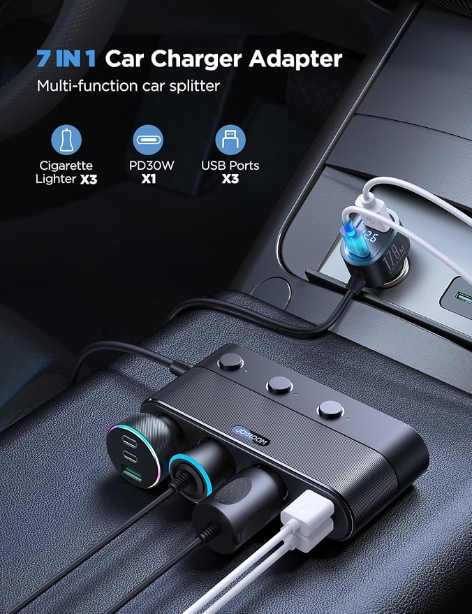 179W 7 in 1 Cigarette Lighter Splitter, PD30W Fast Charging Adapter for Car | PD30W Type-C, 39.6IN Extension Cable, 12V/24V Cigarette Lighter Adapter, 3 USB Ports, Independent Switches, Voltage Display