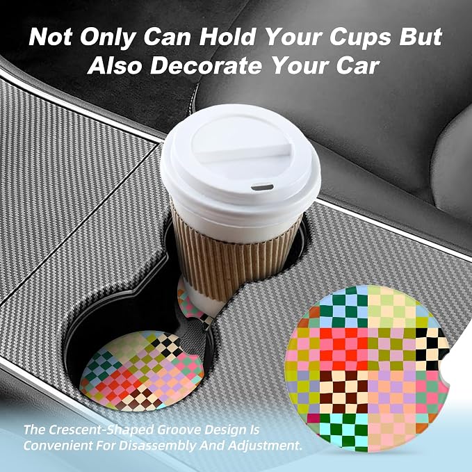Colorful Checkered Car Coasters for Cup Holders,2 Pack Car Cup Holder Coasters for Car,Ceramic Absorbent Car Coaster with A Finger Notch and Cork Base,Car Interior Accessories for Women Men