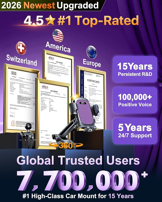 HTU 2026 Ultimate Best【True Military-Grade & Safety Cert】 Car Phone Holder | 【Upgrade 360 Rotation & 100LBS Strongest Suction】5-in-1 Truck Windshield Dashboard Vent Mount Stand for iPhone Android,Purple