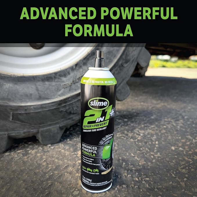Slime 60199 2-in-1 Repair & Prevent Tubeless Tire Sealant, Instant Flat Tire Fix, Seals up to 1/4" Punctures Without Valve Core Removal, for Tractors, UTVs, Trailers & More, 12 Fl Oz