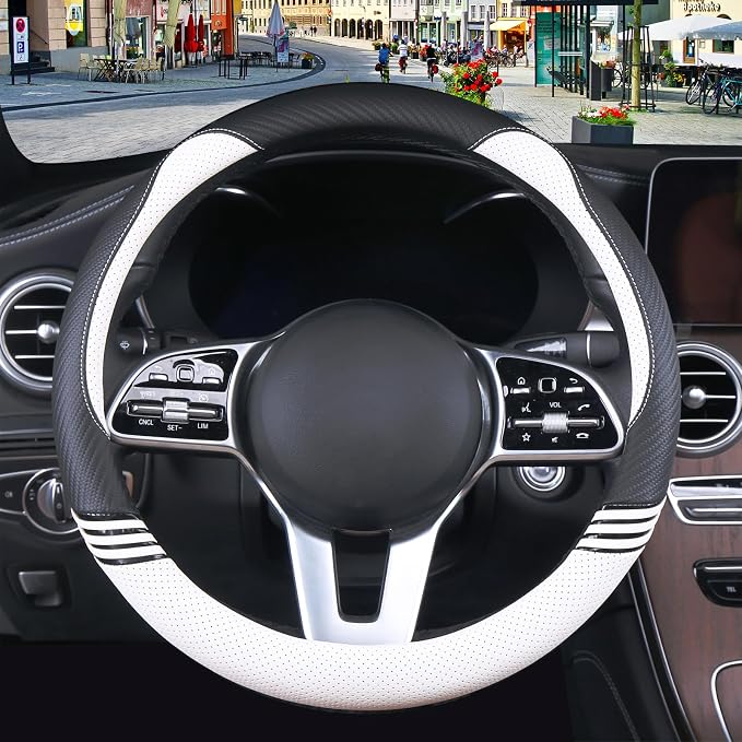 15 inch Cute Leather Steering Wheel Cover Black and White | Breathable Non-Slip Faux Leather and Carbon Fiber Car Accessories for Women Men Universal 14.5 inch to 15 inch