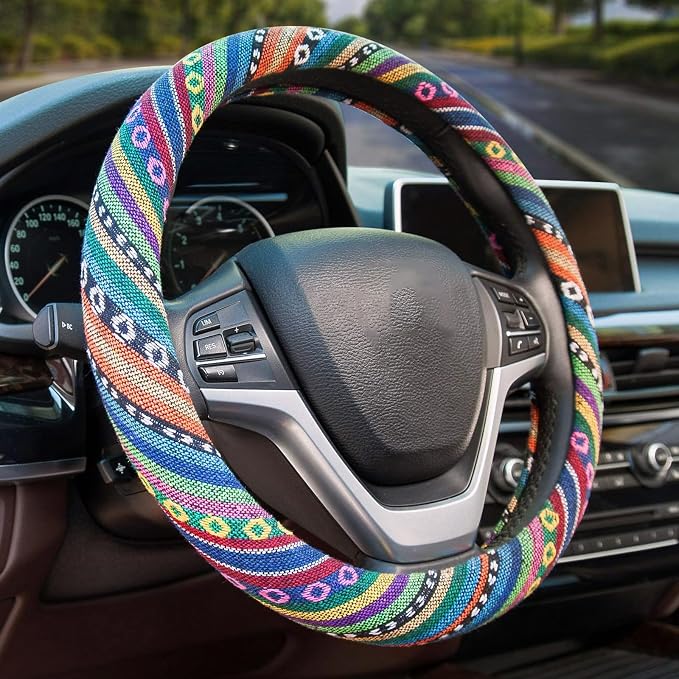Valleycomfy Boho Steering Wheel Covers for Women Cloth Bohemian Universal | 15 inch Baja Blanket Enthic